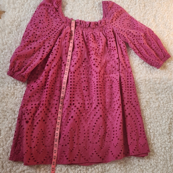 Reitmans Cotton Sz 1X Eyelet Dress Square Neck Fushia  Puff Sleeve Sundress - Picture 4 of 9